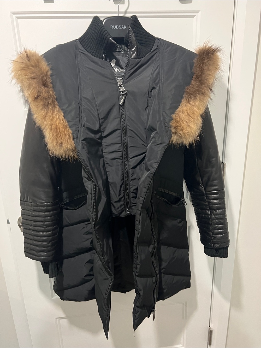 Ookpik Black Down Coat with Brown Fur Trim